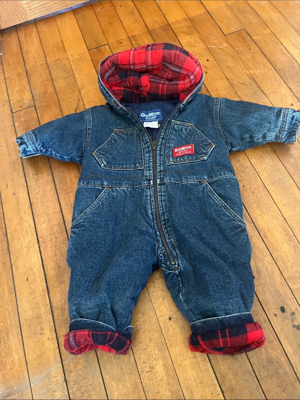 Vintage Oshkosh Toddler Denim Hooded Overall with Red Plaid Lining